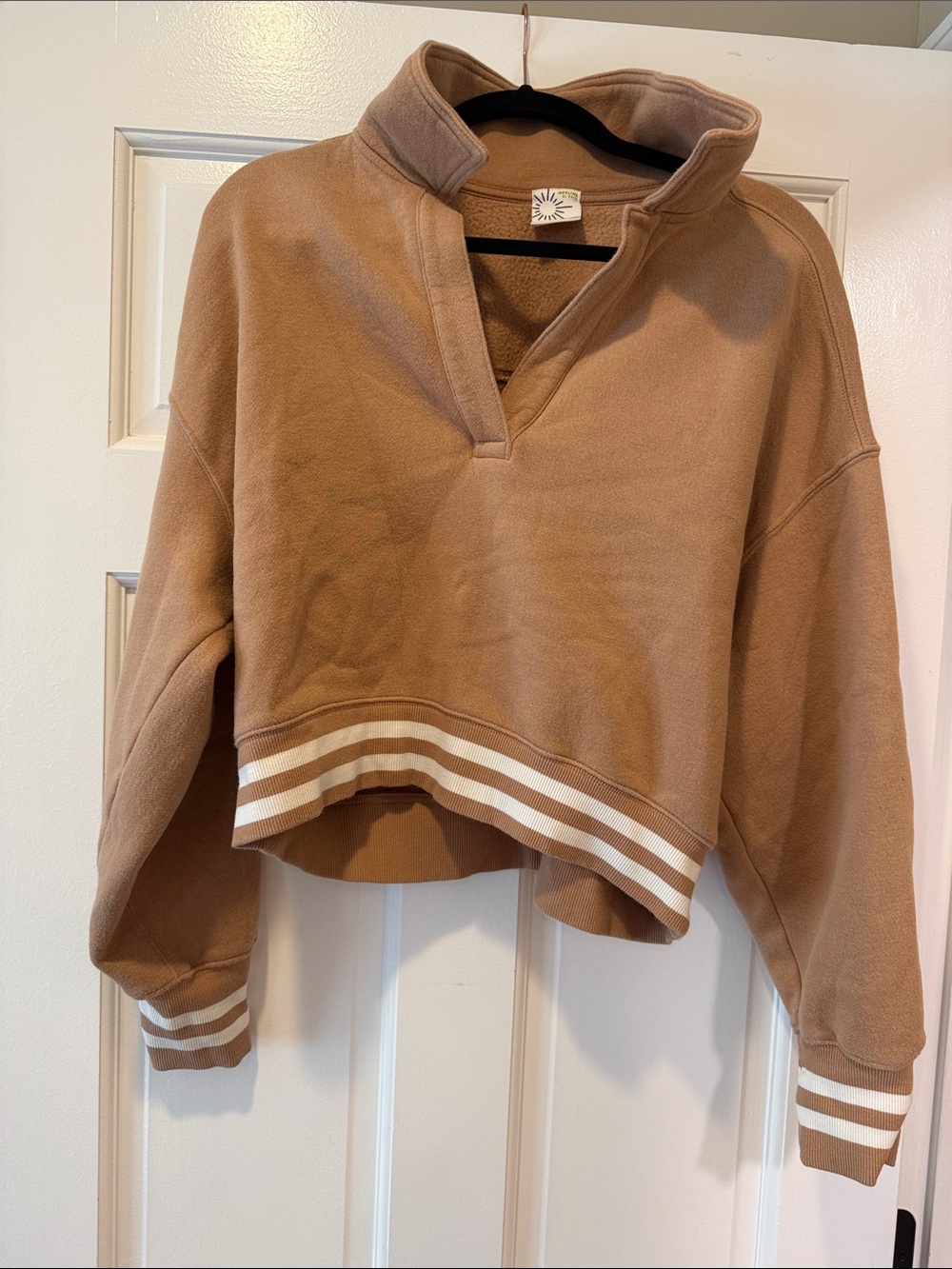 Camel Half-Zip Pullover with Striped Hem with Matching Flared Pants